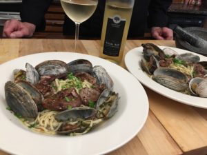 Clams and Pan Seared Tuna in a bed of Linguini